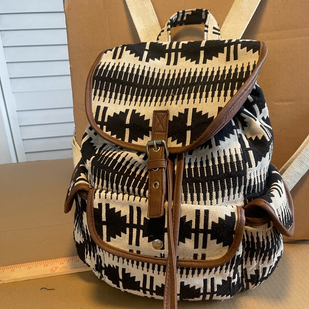 Black & Cream Aztec Canvas Backpack with Brown Trim - Stylish Everyday Pack